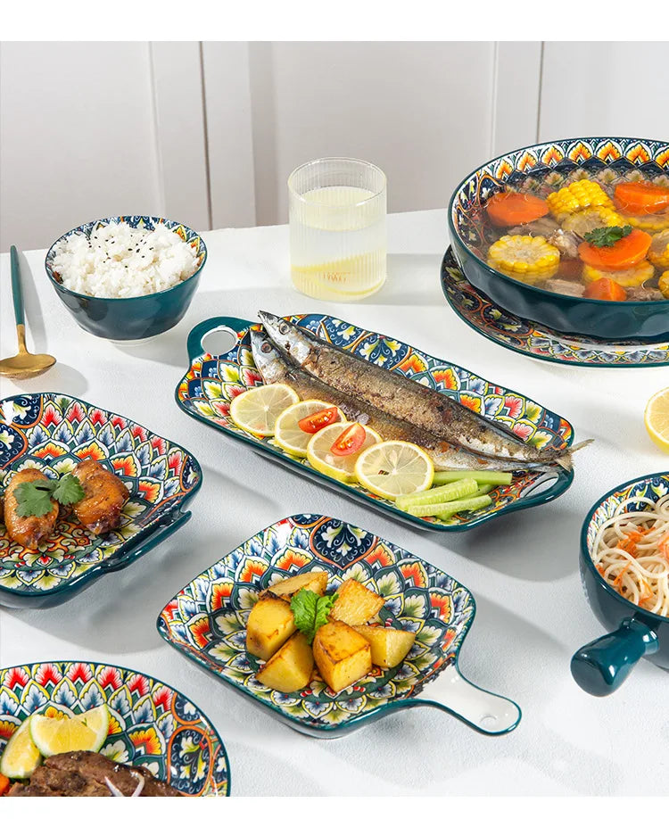 Retro Ceramic Dinner Plates Set Bohemia Style Food Plate Household Tableware Set Breakfast Plates Salad Soup Bowls Dinnerware