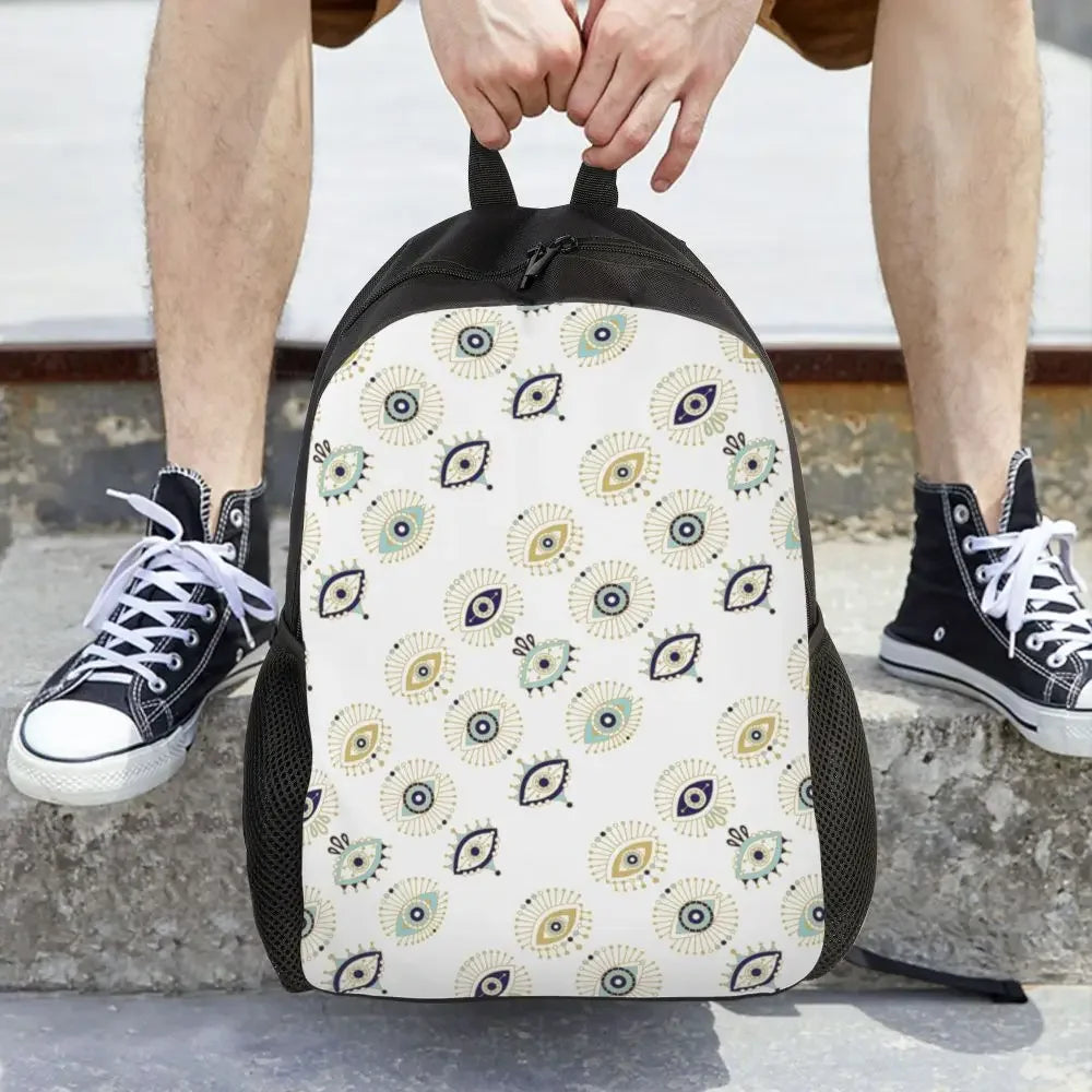Custom Navy Blue White Mediterranean Evil Eye Mandala Pattern Backpacks Men Casual Bookbag for School College Bohemian Boho Bags