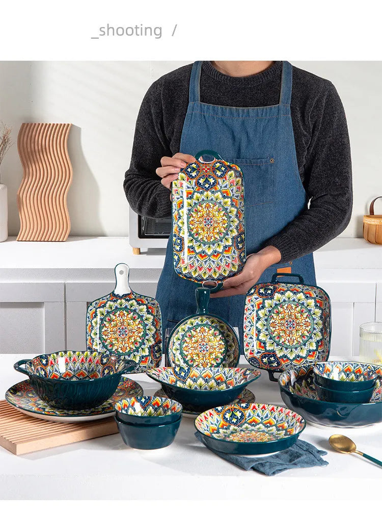 Retro Ceramic Dinner Plates Set Bohemia Style Food Plate Household Tableware Set Breakfast Plates Salad Soup Bowls Dinnerware
