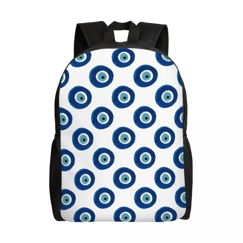 Custom Navy Blue White Mediterranean Evil Eye Mandala Pattern Backpacks Men Casual Bookbag for School College Bohemian Boho Bags