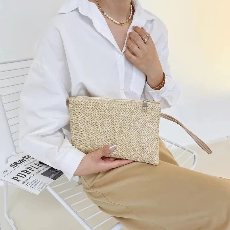Bohemian Elegant Straw Handbag Beach Handmade Woven Women's Clutch Pure Colour Wallet Mobile Phone Coin Storage Bag