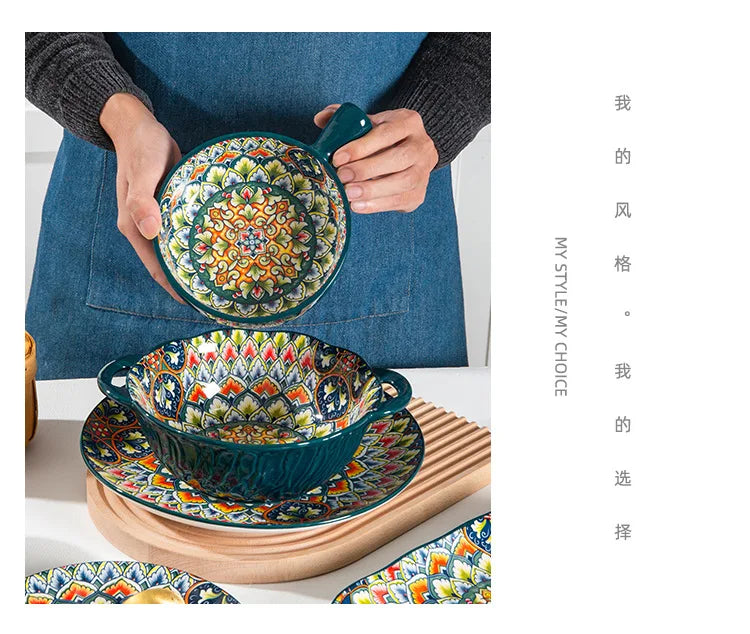 Retro Ceramic Dinner Plates Set Bohemia Style Food Plate Household Tableware Set Breakfast Plates Salad Soup Bowls Dinnerware