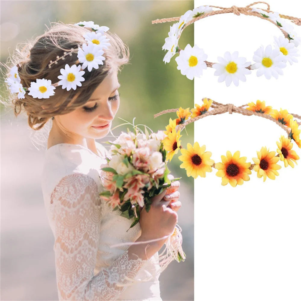 Floral Fall Boho Sunflower Crown Daisy Hair Wreath Headband Bridal Wreath Headpiece Flower Girl Headdress Props for Wedding