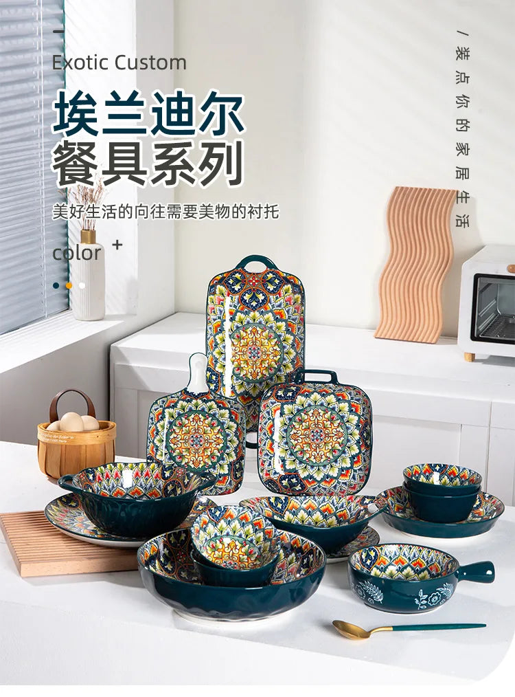 Retro Ceramic Dinner Plates Set Bohemia Style Food Plate Household Tableware Set Breakfast Plates Salad Soup Bowls Dinnerware