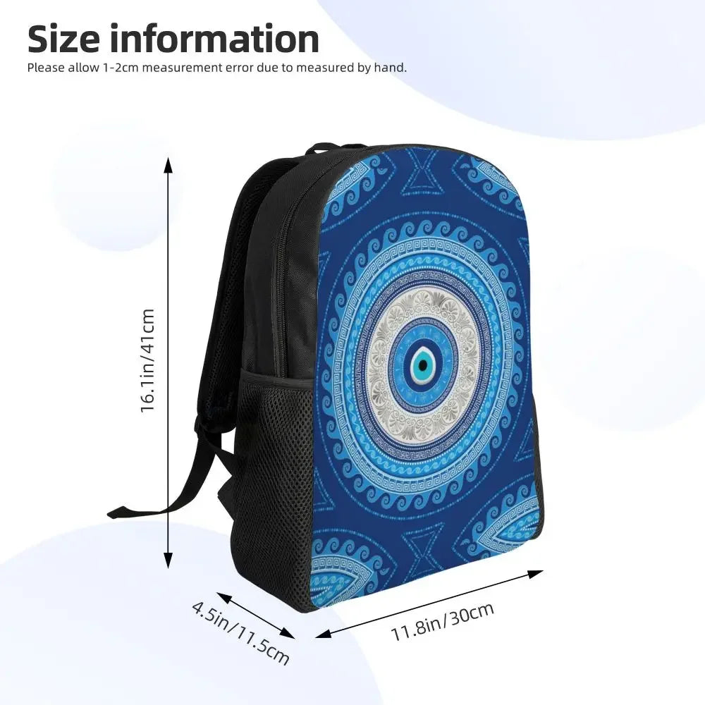 Custom Navy Blue White Mediterranean Evil Eye Mandala Pattern Backpacks Men Casual Bookbag for School College Bohemian Boho Bags