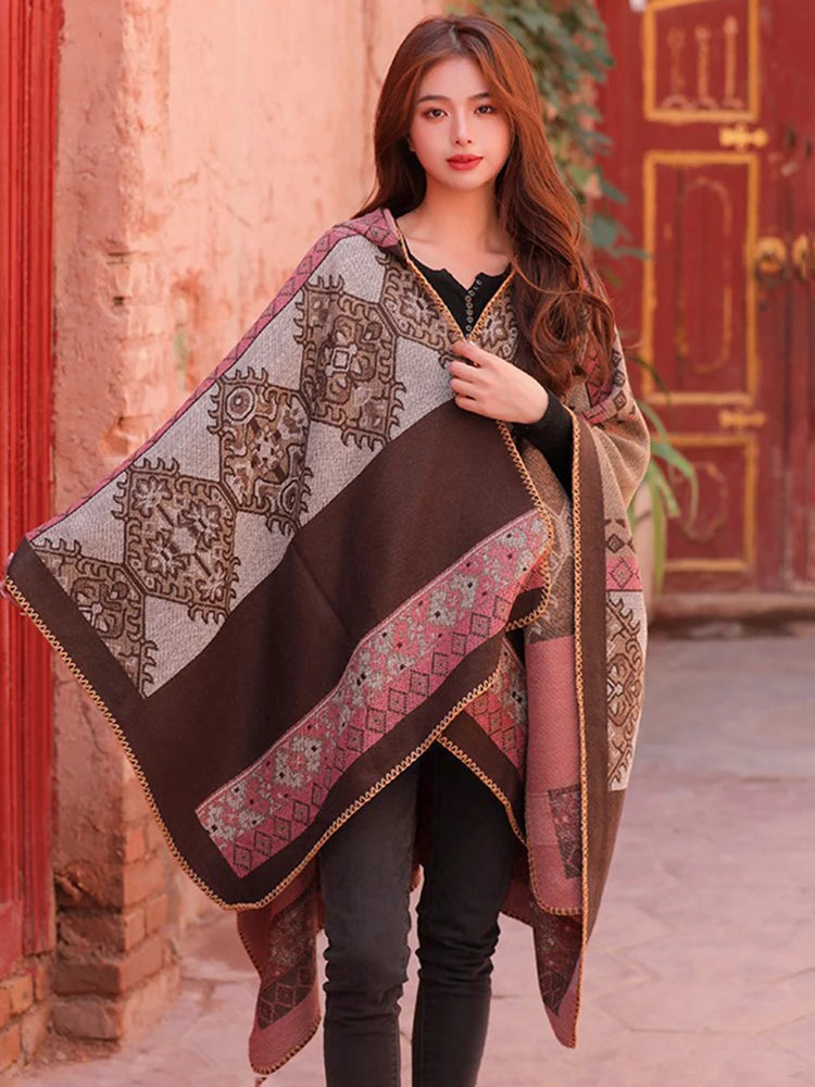 Jastie Retro Ethnic Large Shawl Ladies Fashion New Travel Knitted Hooded Poncho Women Boho Autumn Winter Warm Printed Cape Coats