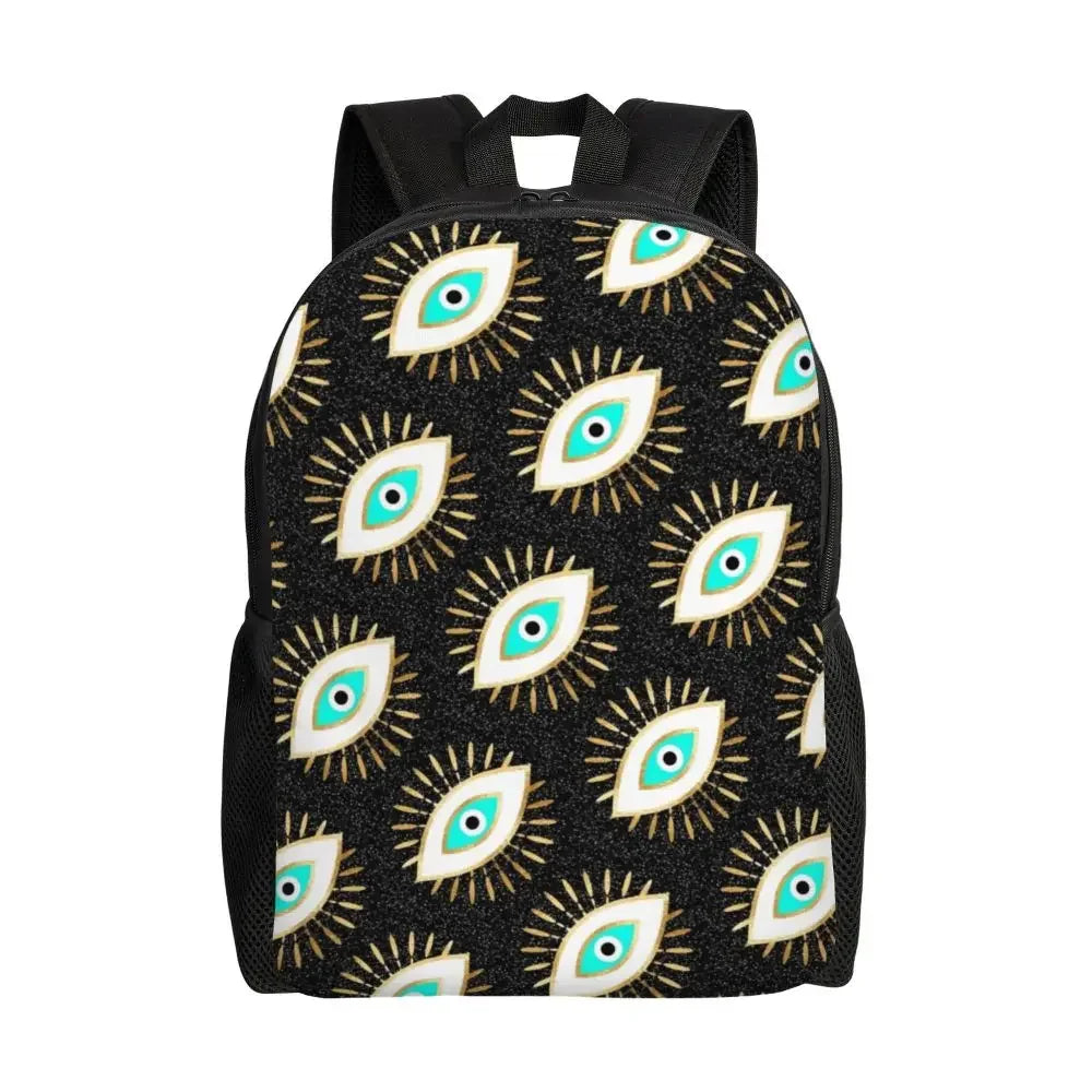 Custom Navy Blue White Mediterranean Evil Eye Mandala Pattern Backpacks Men Casual Bookbag for School College Bohemian Boho Bags