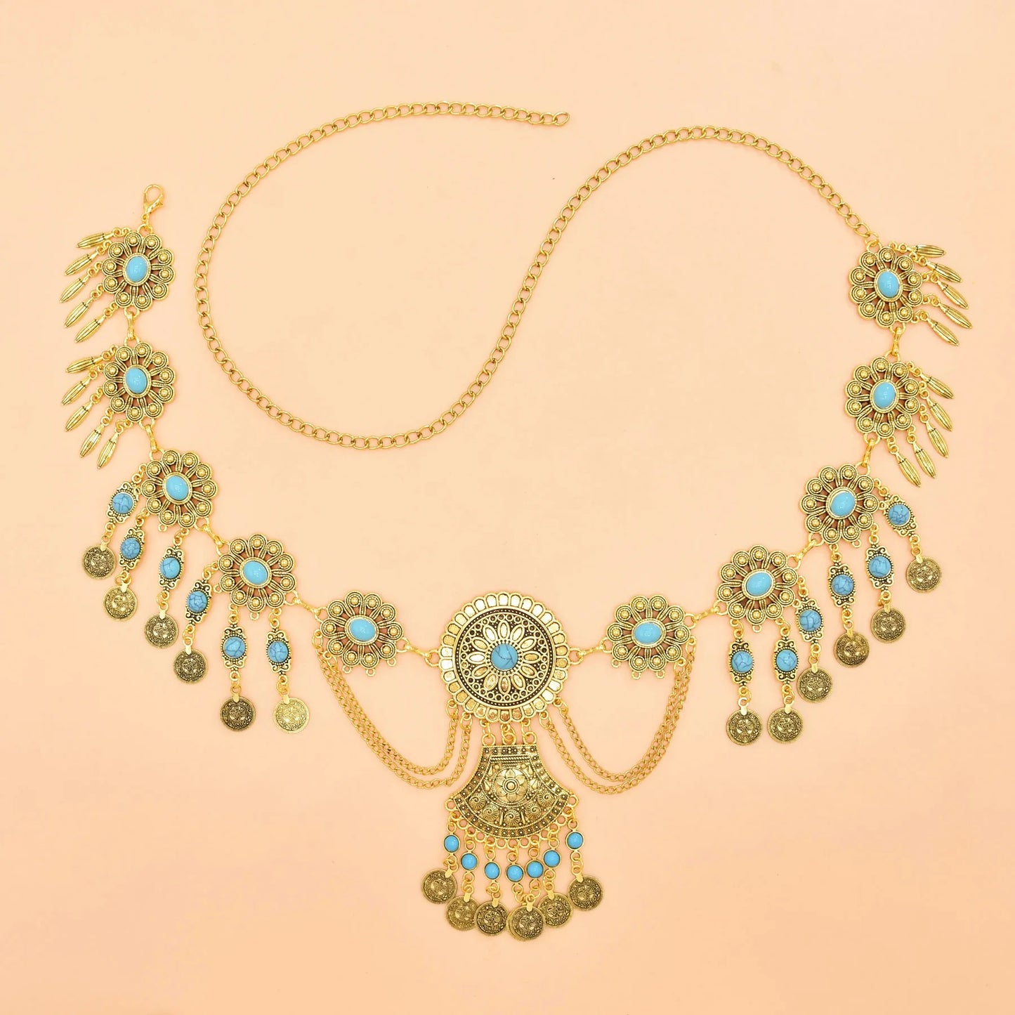 Retro Geometric Carving Waist Chain Turquoise Coins Pendant Luxury Metal Dress Accessories Indian Gypsies Ethnic Jewelry Gift
