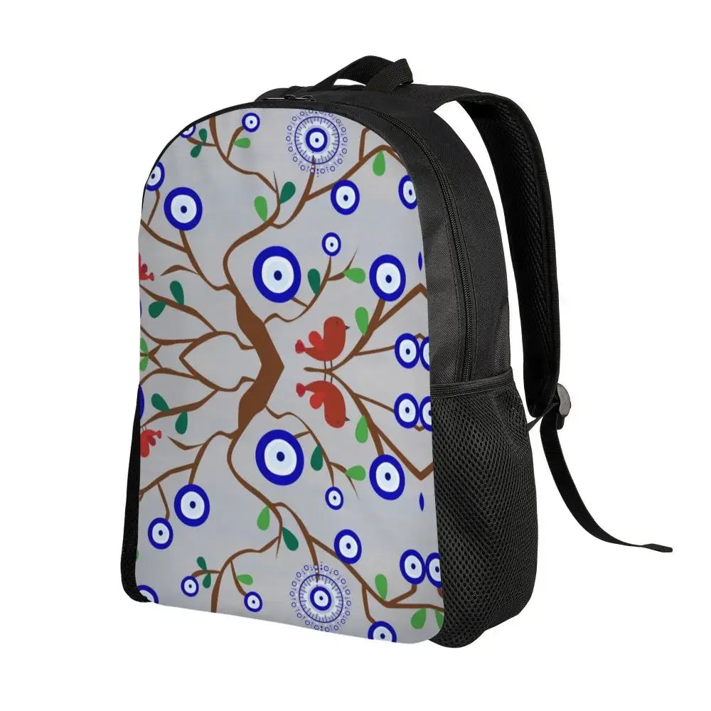 Custom Navy Blue White Mediterranean Evil Eye Mandala Pattern Backpacks Men Casual Bookbag for School College Bohemian Boho Bags