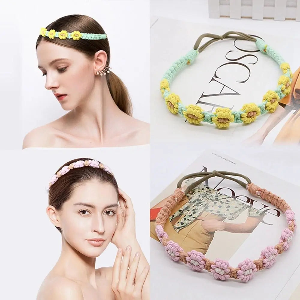 Cute Ethnic Style Flower Turban Headwrap Braided Rope Bohemian Headband Macrame Hair Band Women Hair Scarf Crochet Bandana