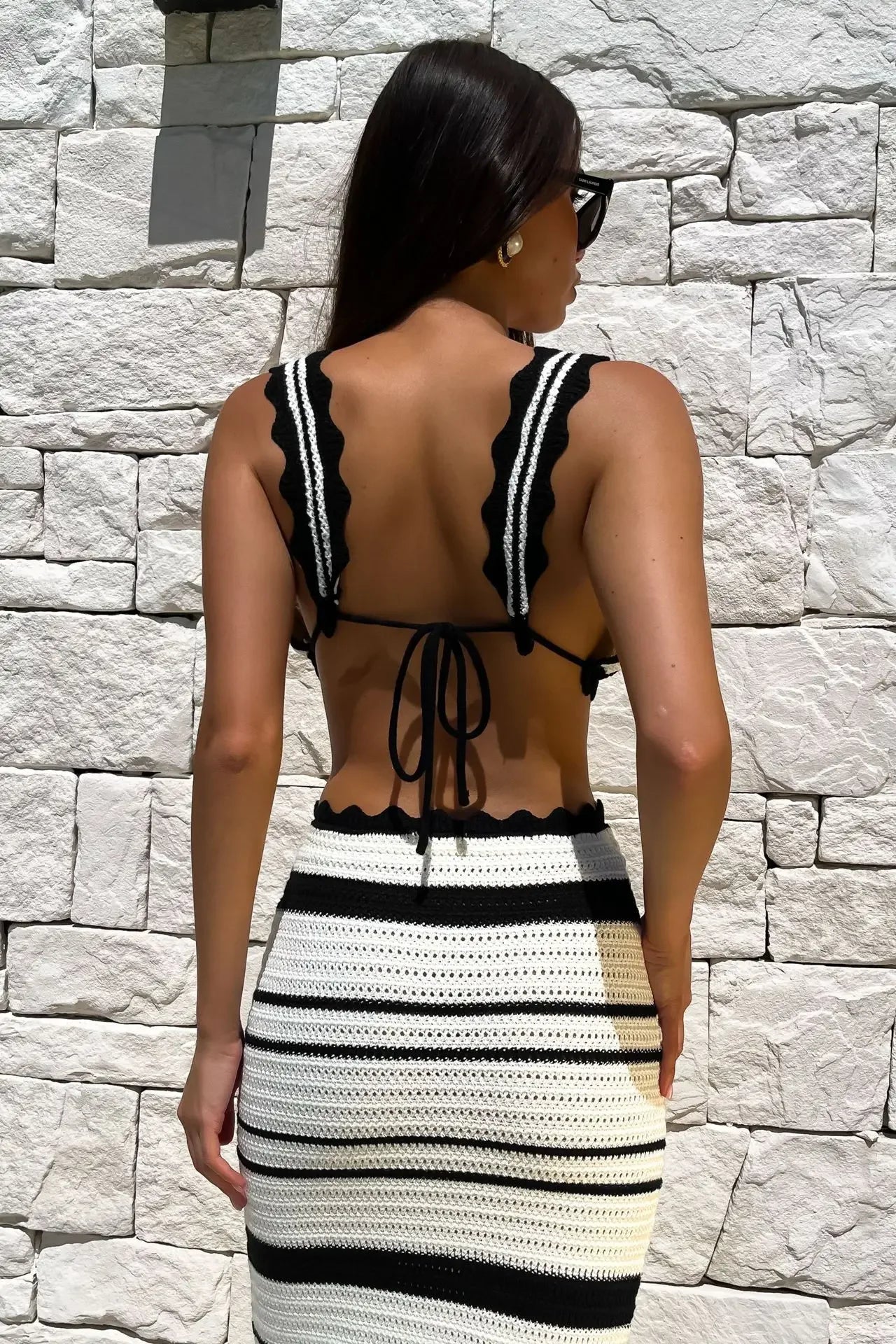 Trendix Stripe Knit Skirt And Bra Sets Women Sexy Backless Sleeveless Bikini Top Boho Party Elegant Knitwear Long Evening Dress