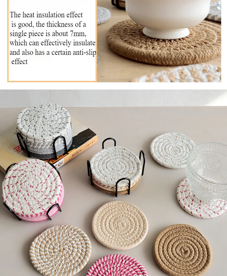 8Pcs/Set Cotton Rope Woven Round Coaster Set Mug Insulated Pad Boho Style Drink Coaster Tea Cup Mat For Coffee Home Decoration