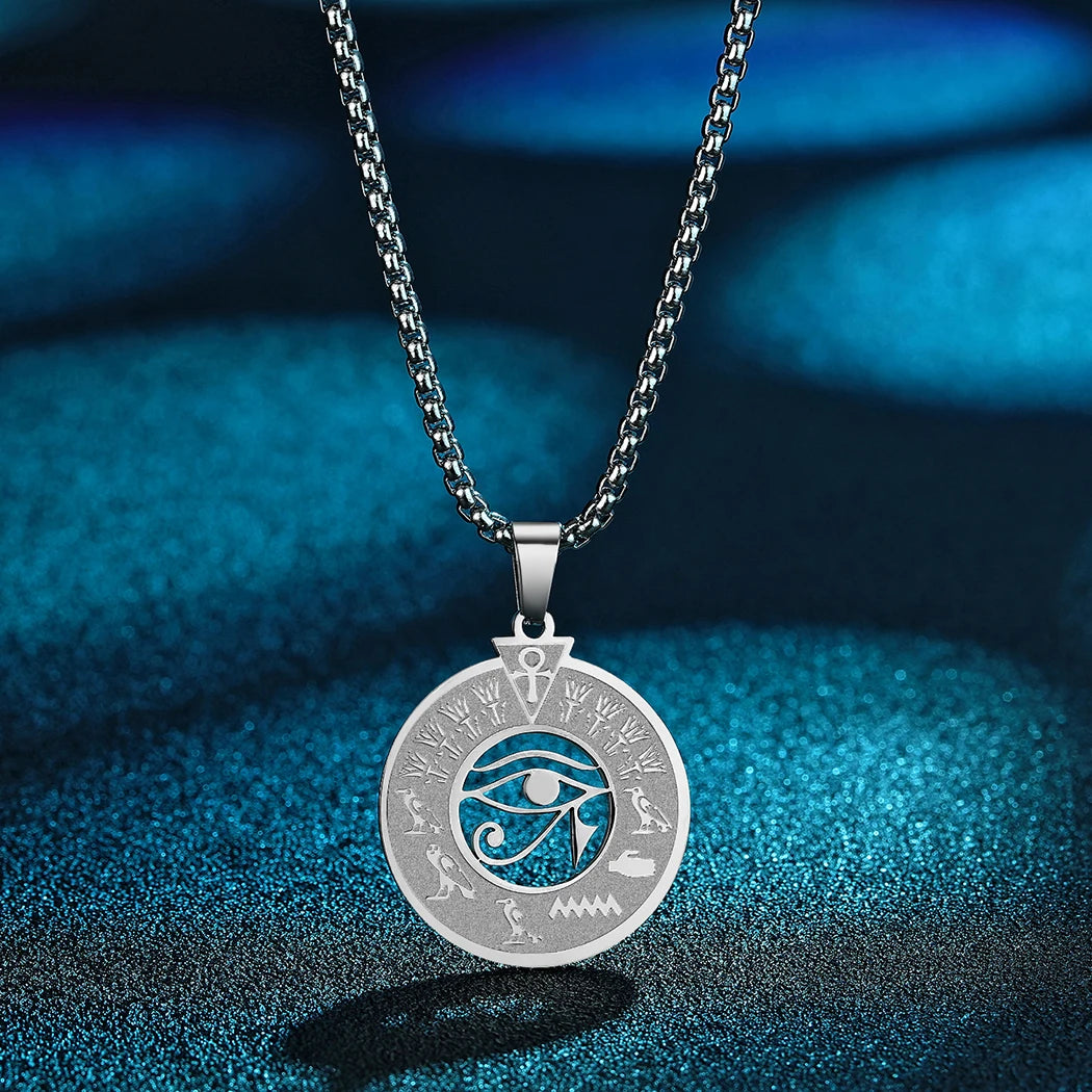 QIMING Handmade Ankh Eyes Of Horus Pendant Necklace Egypt Jewelry Evil Eye Turkish Jewelry Stainless Steel Necklace
