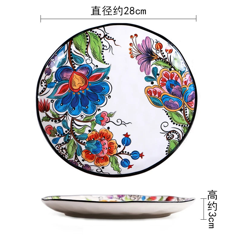 Creative Boho Ceramic Plate European Classical Painted Steak Pasta Dinner Plates Restaurant Hotel Serving Tray Home Tableware