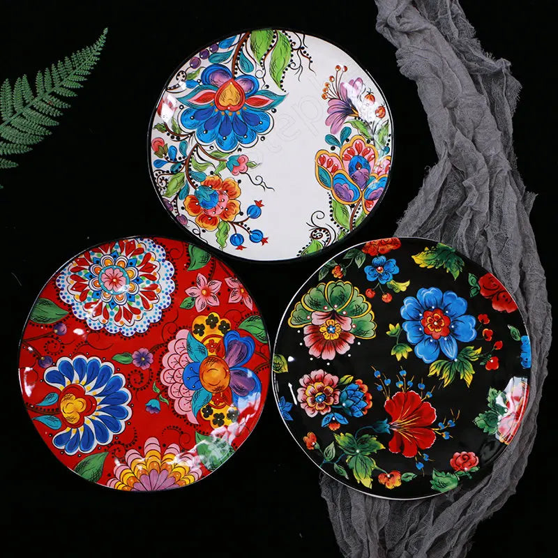 Creative Boho Ceramic Plate European Classical Painted Steak Pasta Dinner Plates Restaurant Hotel Serving Tray Home Tableware
