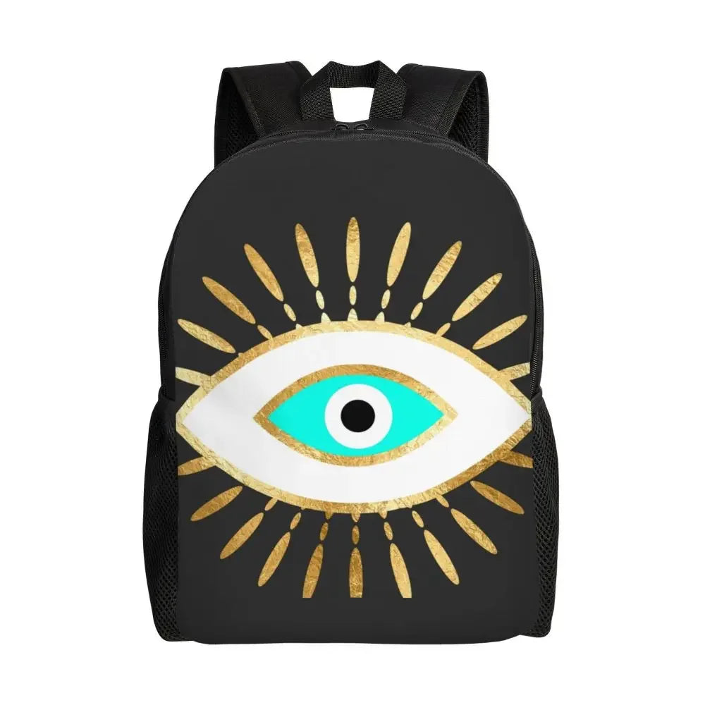 Custom Navy Blue White Mediterranean Evil Eye Mandala Pattern Backpacks Men Casual Bookbag for School College Bohemian Boho Bags