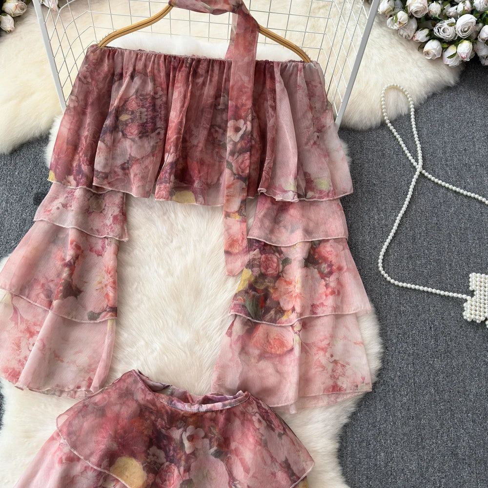 Holiday Ruffles Beach Skirts Suit Women Fashion Off Shoulder Floral Chiffon Tops  High Waist Mini Skirt Womens Two Peice Sets