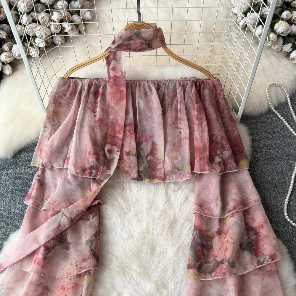 Holiday Ruffles Beach Skirts Suit Women Fashion Off Shoulder Floral Chiffon Tops  High Waist Mini Skirt Womens Two Peice Sets