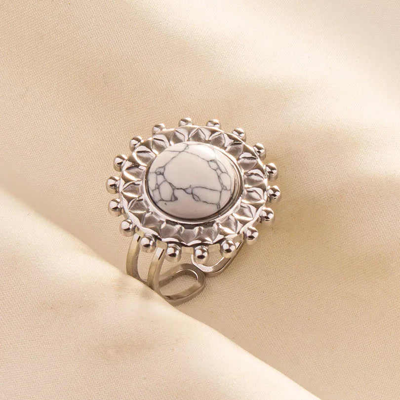 Chic Bohemian White Turquoise Statement Silver Color Ring Stainless Steel Opening Adjustable Boho Ring Jewelry Gifts Never Fade