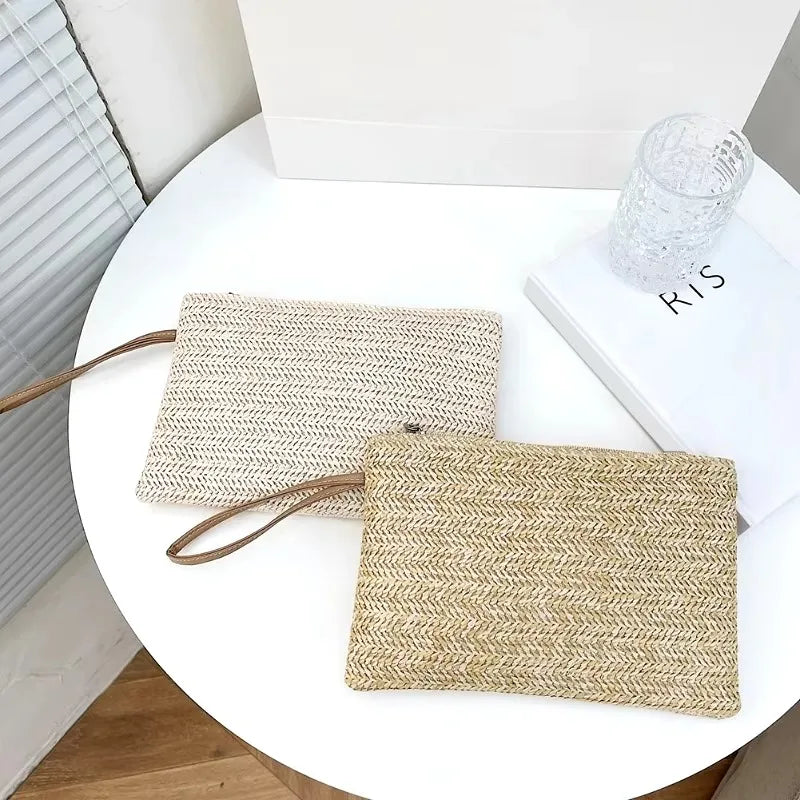 Bohemian Elegant Straw Handbag Beach Handmade Woven Women's Clutch Pure Colour Wallet Mobile Phone Coin Storage Bag