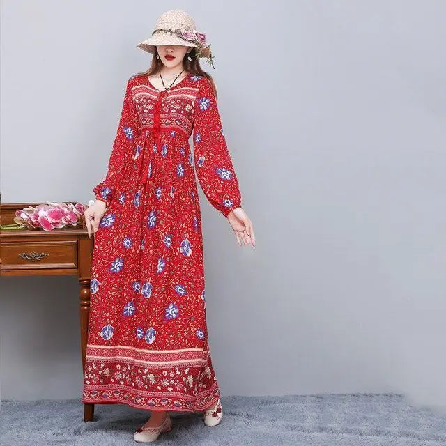 Vintage Women's Beach Skirt Dress Long Sleeve Floral Print Beach Bohemian Straight V-neck Maxi Dress Summer Ladies Dress