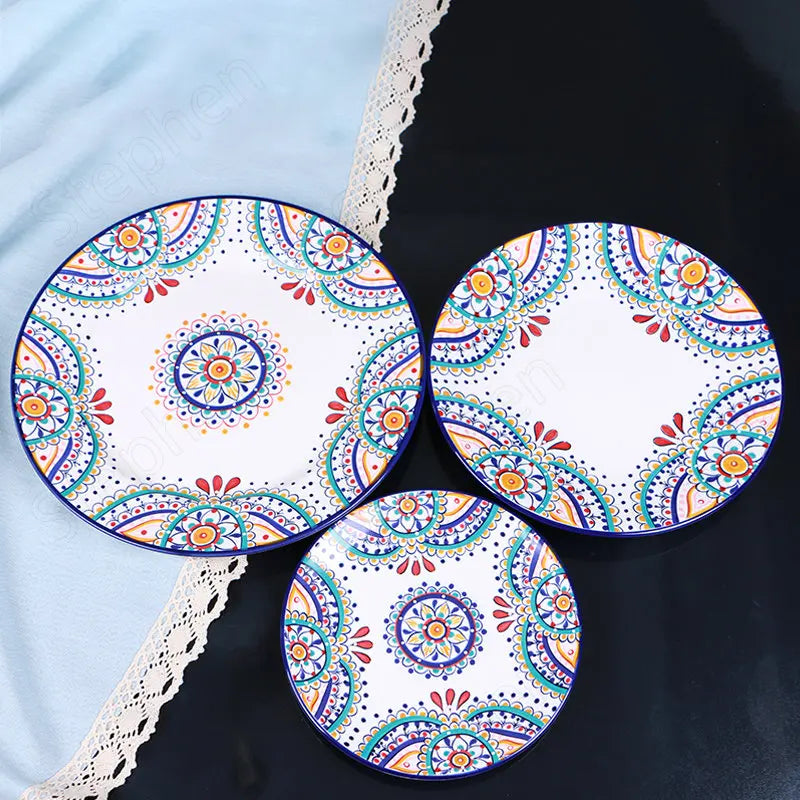 Creative Boho Ceramic Plate European Classical Painted Steak Pasta Dinner Plates Restaurant Hotel Serving Tray Home Tableware