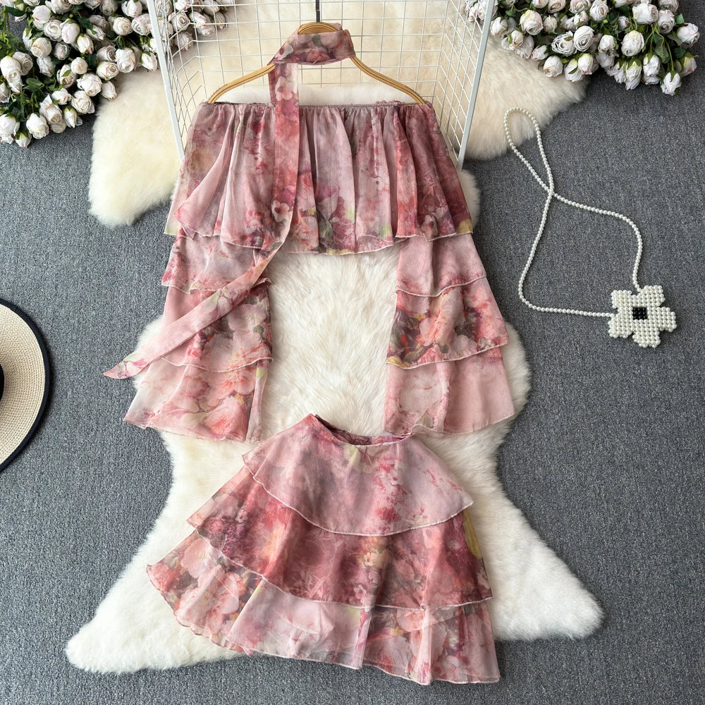 Holiday Ruffles Beach Skirts Suit Women Fashion Off Shoulder Floral Chiffon Tops  High Waist Mini Skirt Womens Two Peice Sets