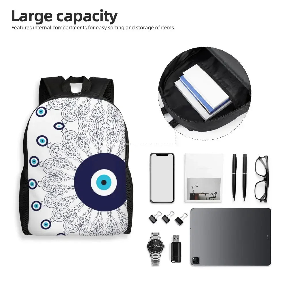 Custom Navy Blue White Mediterranean Evil Eye Mandala Pattern Backpacks Men Casual Bookbag for School College Bohemian Boho Bags