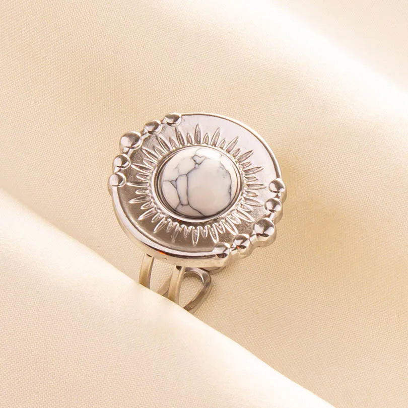 Chic Bohemian White Turquoise Statement Silver Color Ring Stainless Steel Opening Adjustable Boho Ring Jewelry Gifts Never Fade