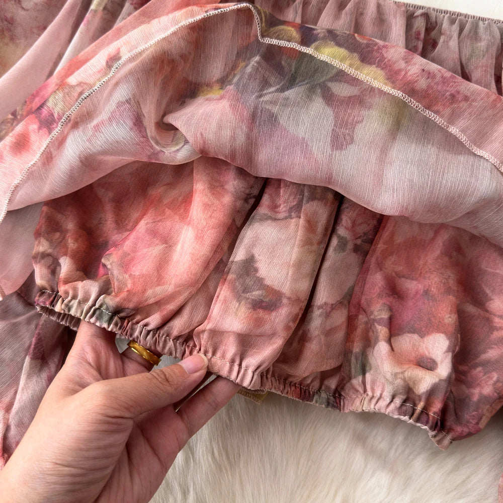 Holiday Ruffles Beach Skirts Suit Women Fashion Off Shoulder Floral Chiffon Tops  High Waist Mini Skirt Womens Two Peice Sets