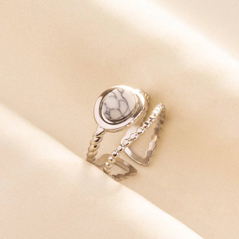 Chic Bohemian White Turquoise Statement Silver Color Ring Stainless Steel Opening Adjustable Boho Ring Jewelry Gifts Never Fade