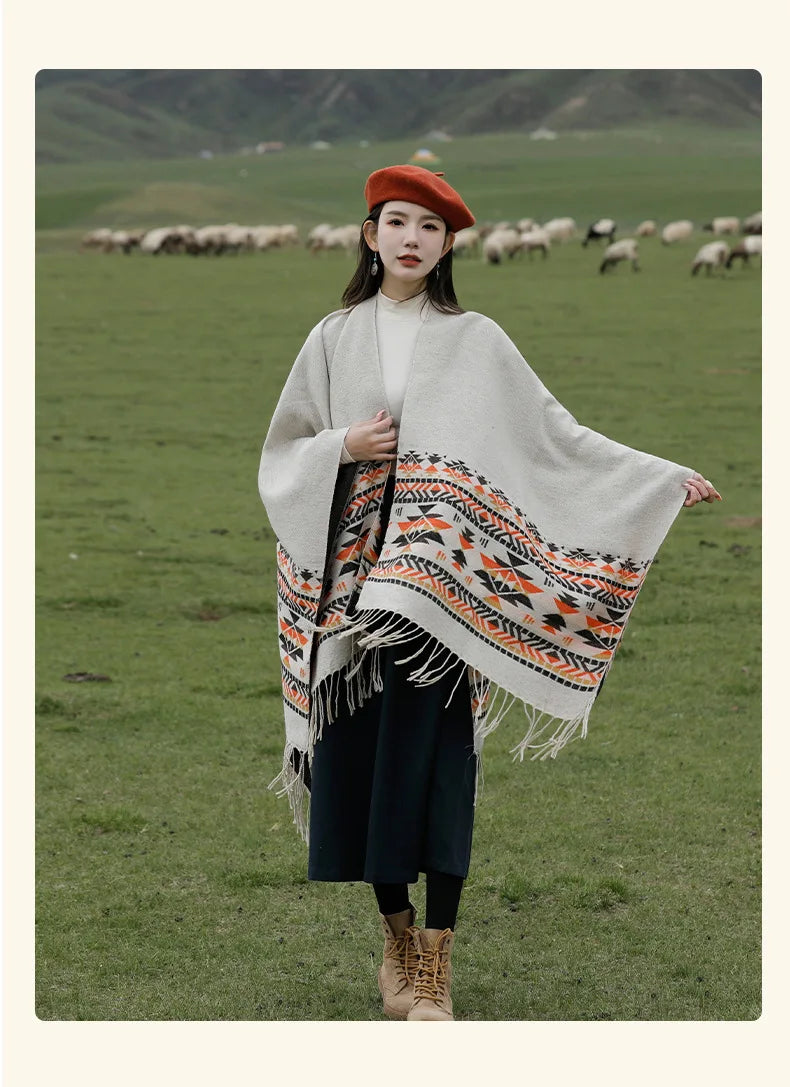 WeHello - Bohemian shawl tie dyed stripe overlay, imitation cashmere cape ethnic style warmth overlay with scarf