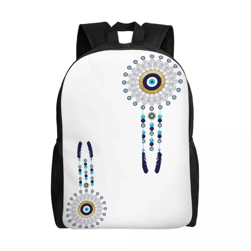 Custom Navy Blue White Mediterranean Evil Eye Mandala Pattern Backpacks Men Casual Bookbag for School College Bohemian Boho Bags