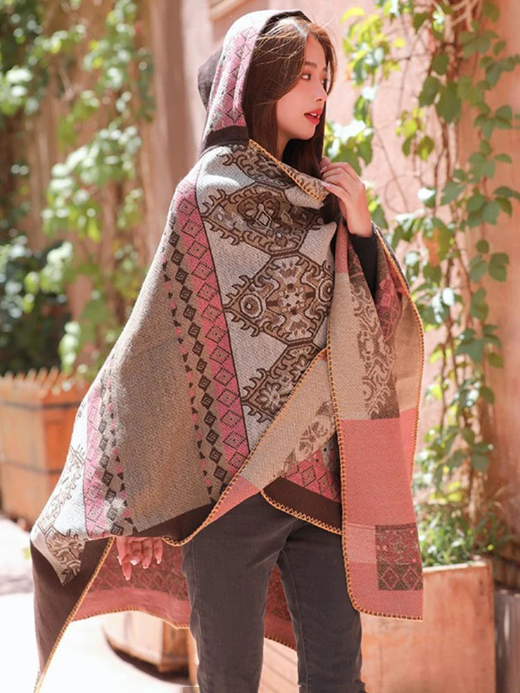 Jastie Retro Ethnic Large Shawl Ladies Fashion New Travel Knitted Hooded Poncho Women Boho Autumn Winter Warm Printed Cape Coats