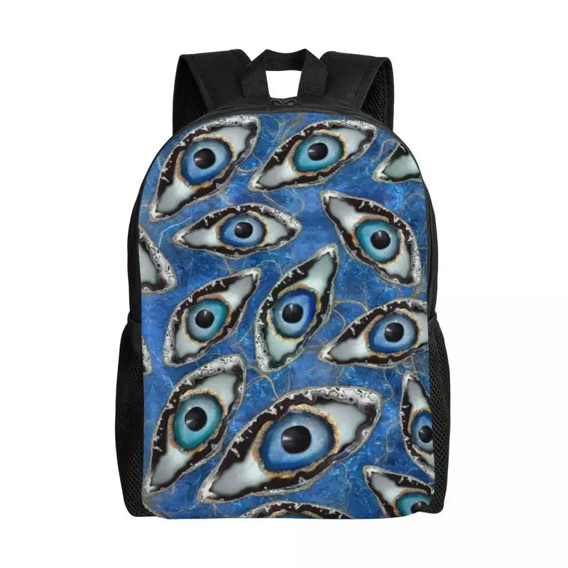 Custom Navy Blue White Mediterranean Evil Eye Mandala Pattern Backpacks Men Casual Bookbag for School College Bohemian Boho Bags