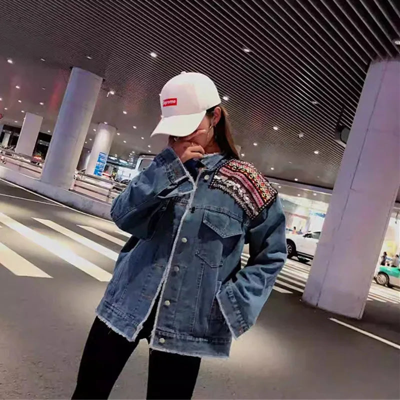 2024 Spring Women's Jacket Boho Denim Female Floral Appliques Embroidery Vintage Coat Long Sleeve Outerwear Jackets Coatee