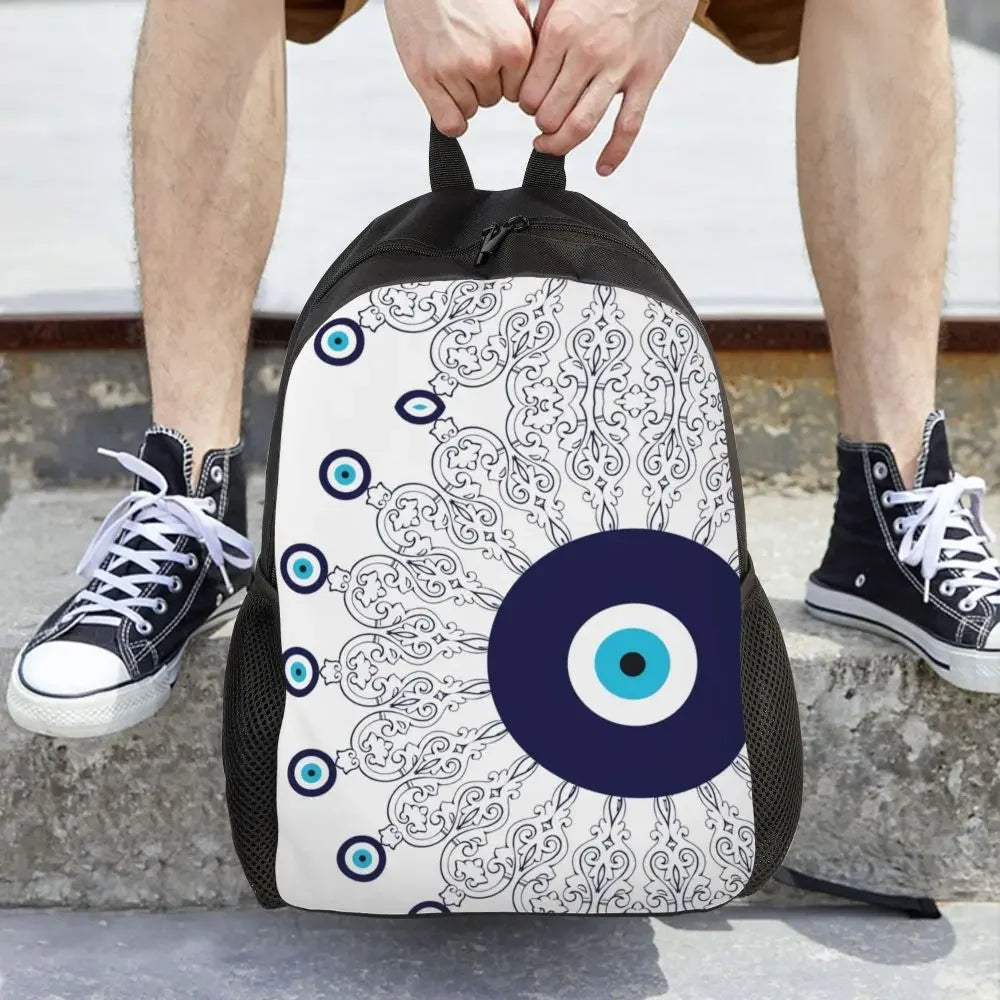 Custom Navy Blue White Mediterranean Evil Eye Mandala Pattern Backpacks Men Casual Bookbag for School College Bohemian Boho Bags