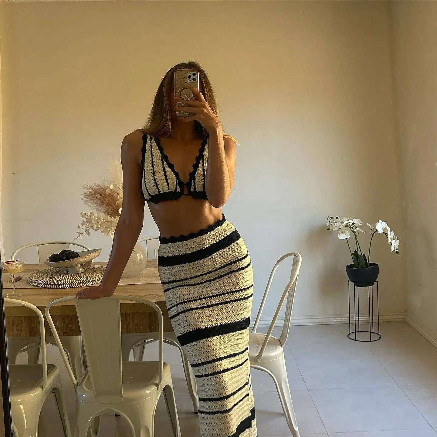 Trendix Stripe Knit Skirt And Bra Sets Women Sexy Backless Sleeveless Bikini Top Boho Party Elegant Knitwear Long Evening Dress