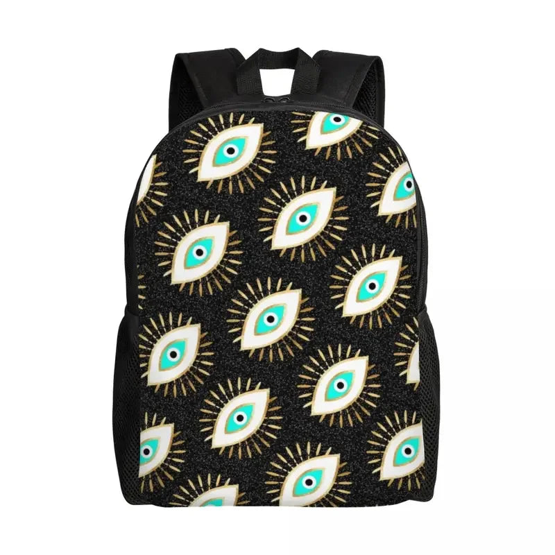 Custom Navy Blue White Mediterranean Evil Eye Mandala Pattern Backpacks Men Casual Bookbag for School College Bohemian Boho Bags