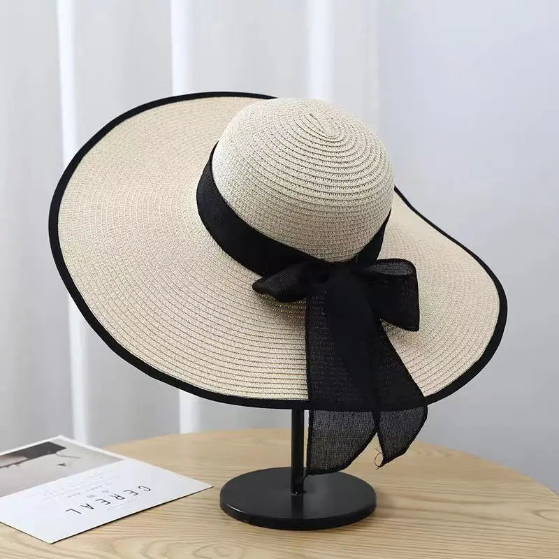 wide brim Straw Hat for Women Wholesale female dome straw hat visor foldable beach hat lady sun hat summer French retro topper