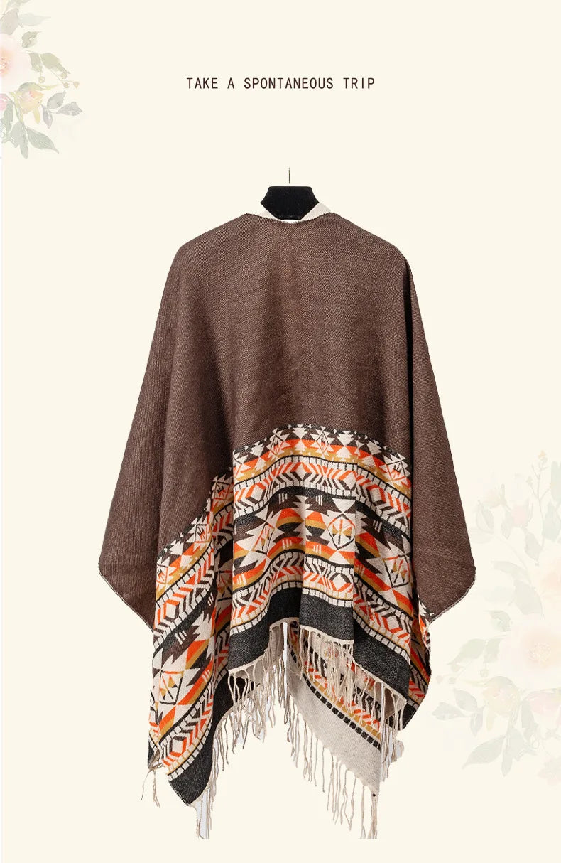 WeHello - Bohemian shawl tie dyed stripe overlay, imitation cashmere cape ethnic style warmth overlay with scarf