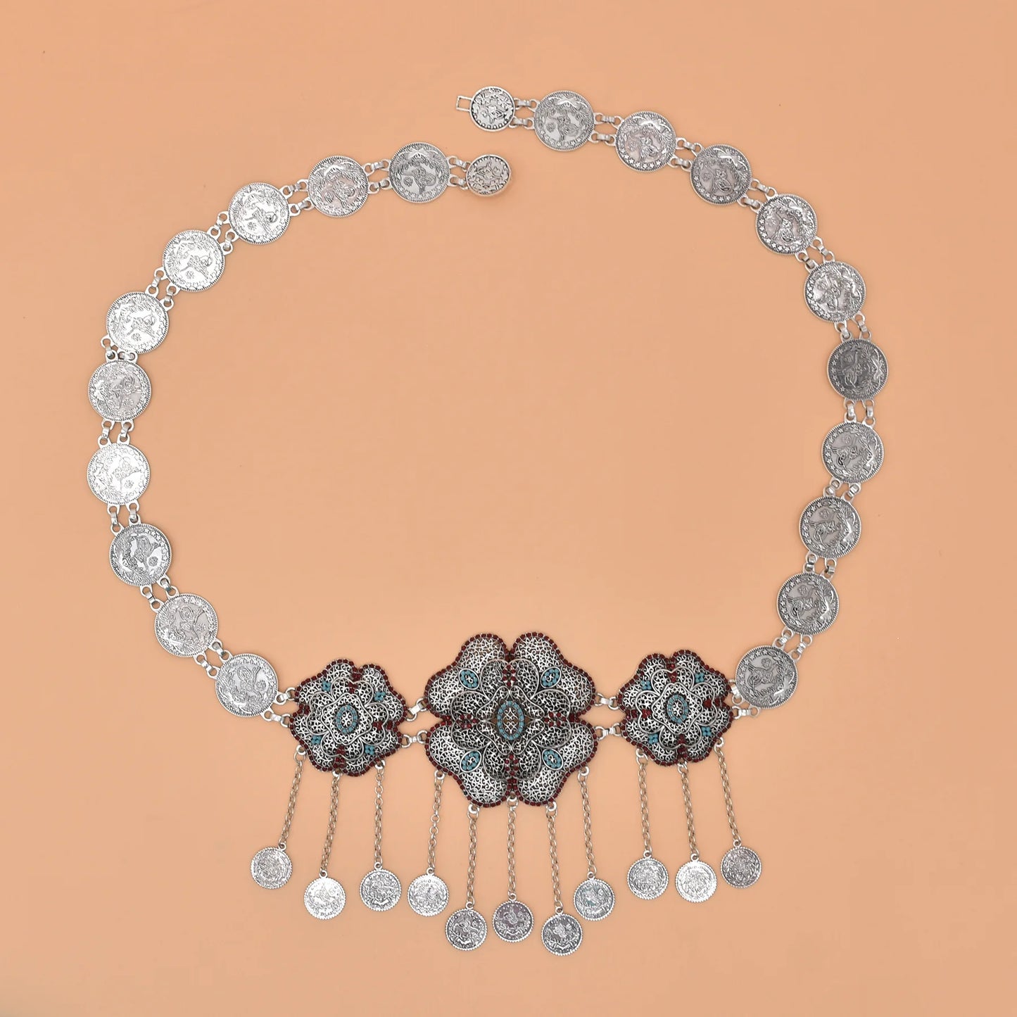 Hollow Out Flower Coins Chain Pendant Belt for Women Rhinestone Waist Chains Jewelry India Gypsy Dance Dress Accessories Gift