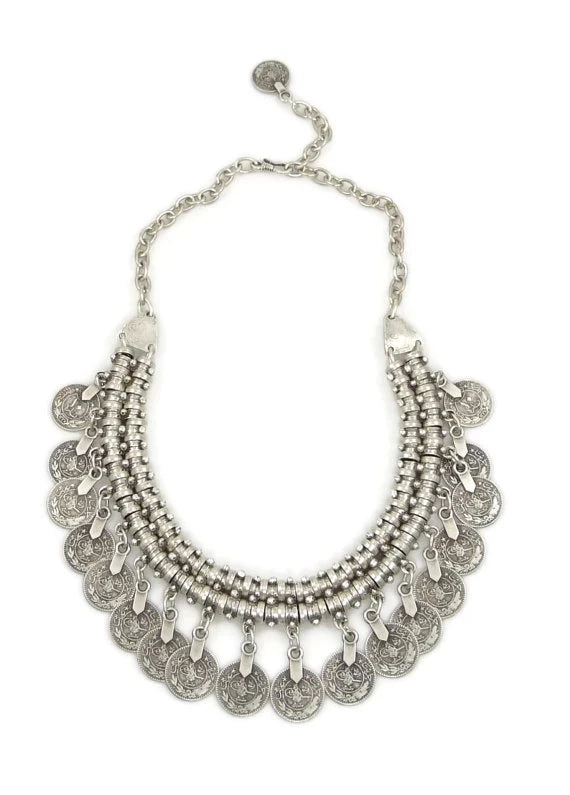 Boho Ethnic Turkish Gypsy Tribal Indian Beach Choker Bib Coin Tassel Collares Necklace For Women Vintage Silvery Afghan Jewelry