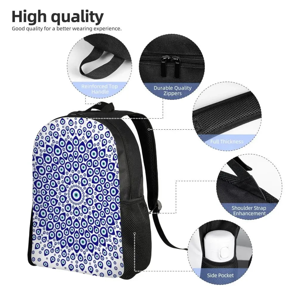 Custom Navy Blue White Mediterranean Evil Eye Mandala Pattern Backpacks Men Casual Bookbag for School College Bohemian Boho Bags