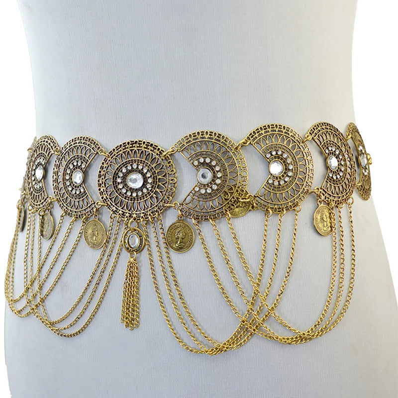 Gypsy Afghan Coin Ethnic Waist Belly Chains Hollow Moon Crystal Flower Long Tassel Moroccan Belts Indian Sexy Body Chain Jewelry
