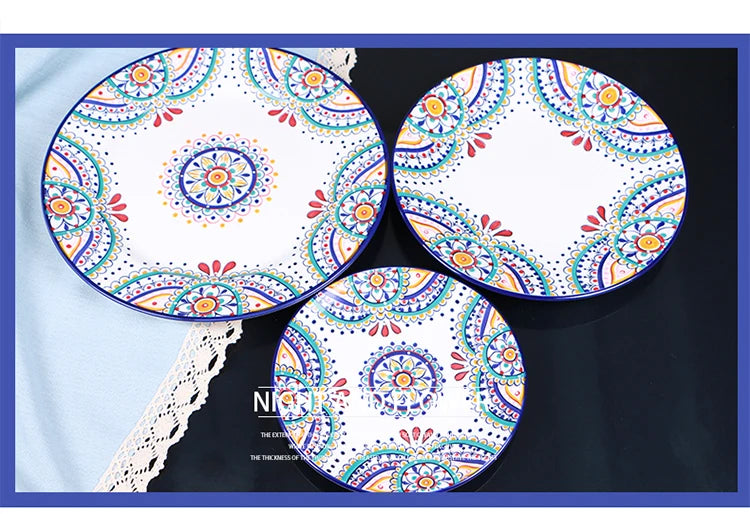 Creative Boho Ceramic Plate European Classical Painted Steak Pasta Dinner Plates Restaurant Hotel Serving Tray Home Tableware