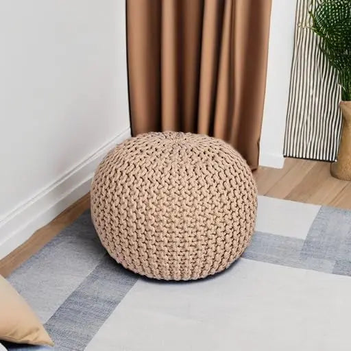Round Pouf Ottoman | Cotton Braided Foot Stool with Bean Bag Filling | Boho Foot Rest for Living Room,Lightweight & Soft Natural