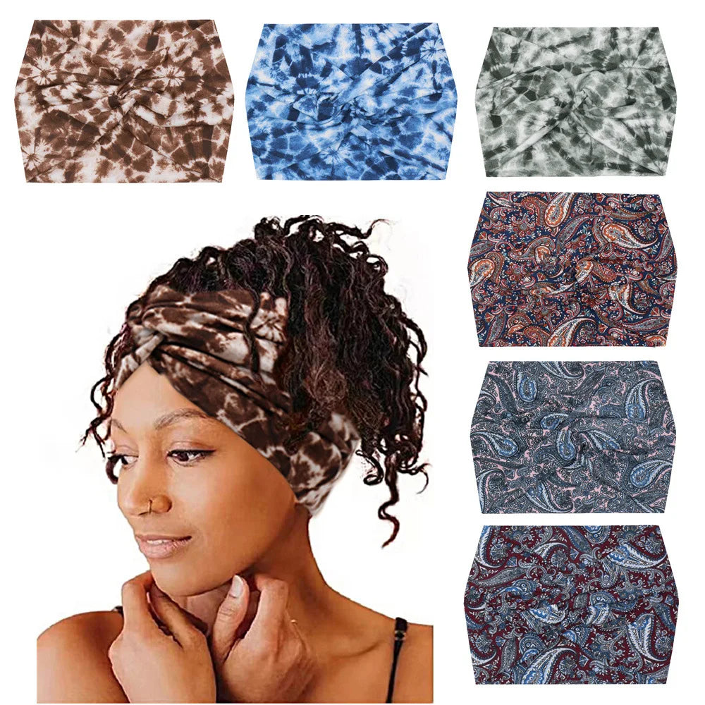 Flower Yoga Headbands For Women's Hair Extra Wide Thick Stretchy Boho African Turban Knotted Tie Dye Head Bands