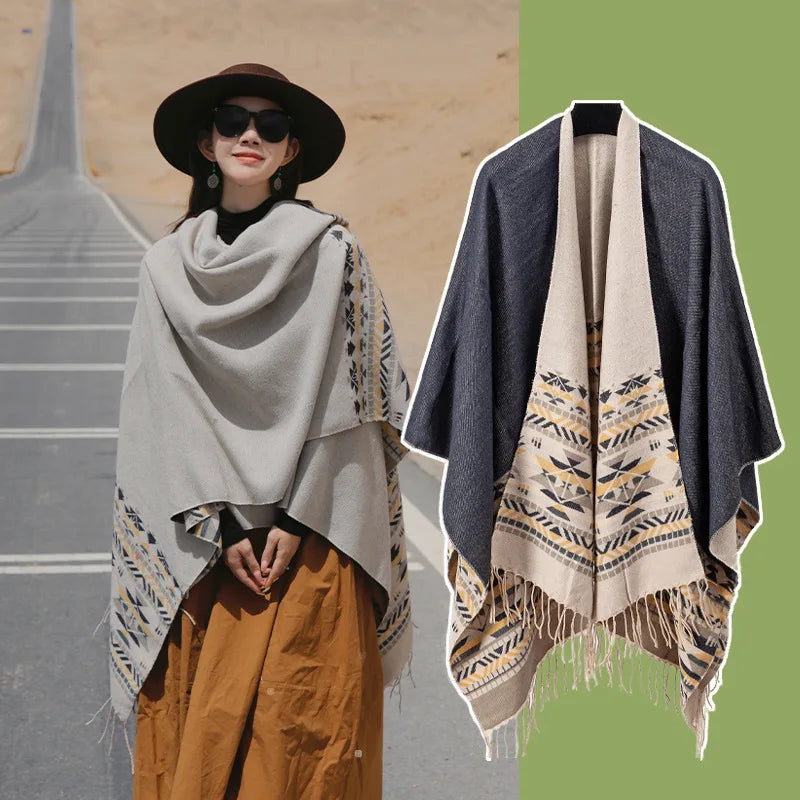 WeHello - Bohemian shawl tie dyed stripe overlay, imitation cashmere cape ethnic style warmth overlay with scarf