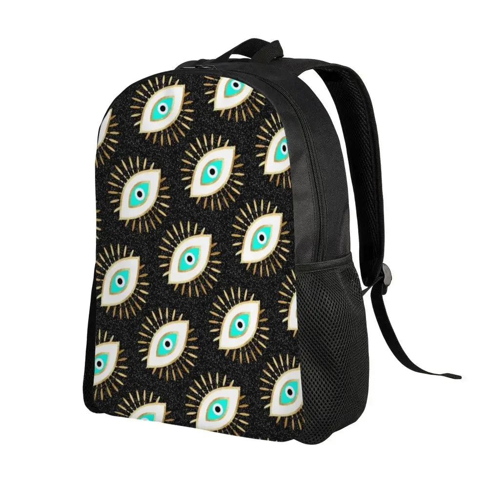 Custom Navy Blue White Mediterranean Evil Eye Mandala Pattern Backpacks Men Casual Bookbag for School College Bohemian Boho Bags